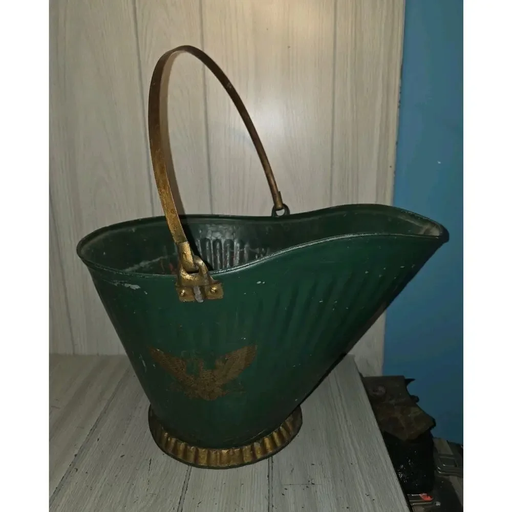 Antique Galvanized Rustic Coal Ash Bucket Fireplace Scuttle Primitive Farmhouse